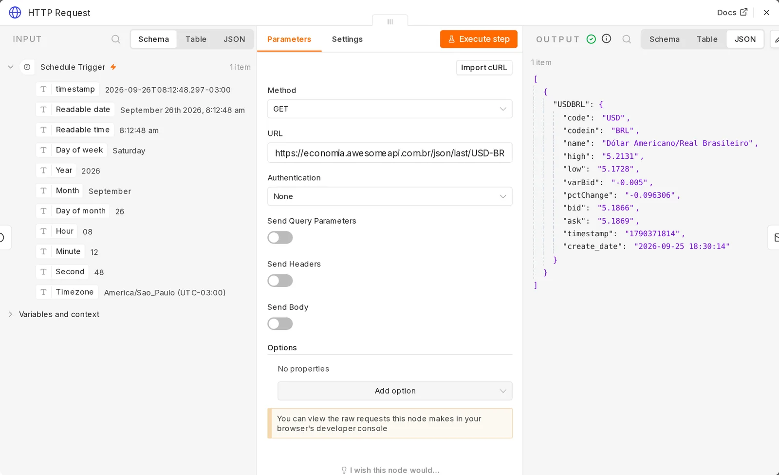 Tela de configuração do nó HTTP Request com método GET e a URL da AwesomeAPI; à direita, a saída em JSON com o objeto USDBRL