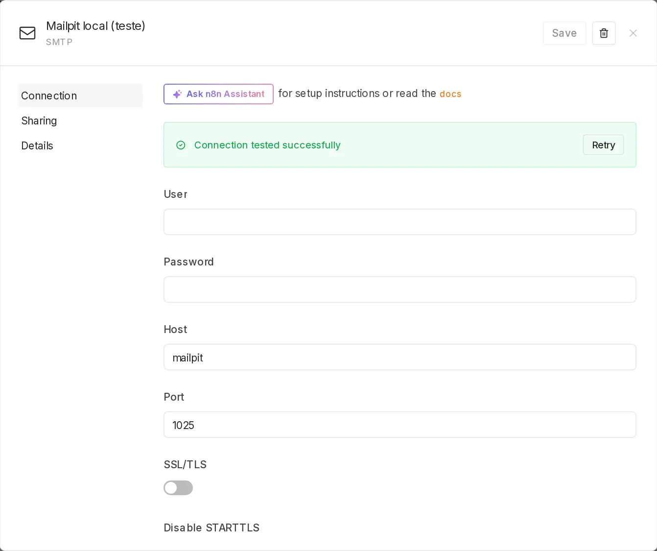 Credencial SMTP Mailpit local (teste) com User e Password vazios, Host mailpit e Port 1025, e a mensagem Connection tested successfully