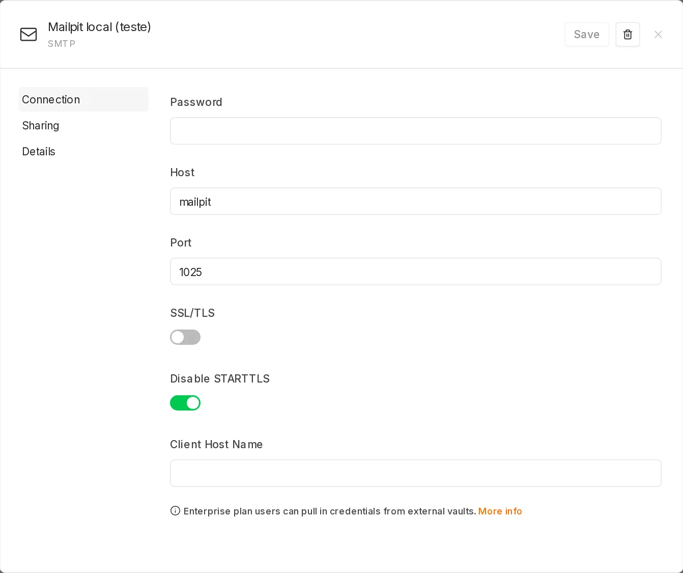 Continuação da credencial SMTP com SSL/TLS desligado, Disable STARTTLS ligado e Client Host Name vazio