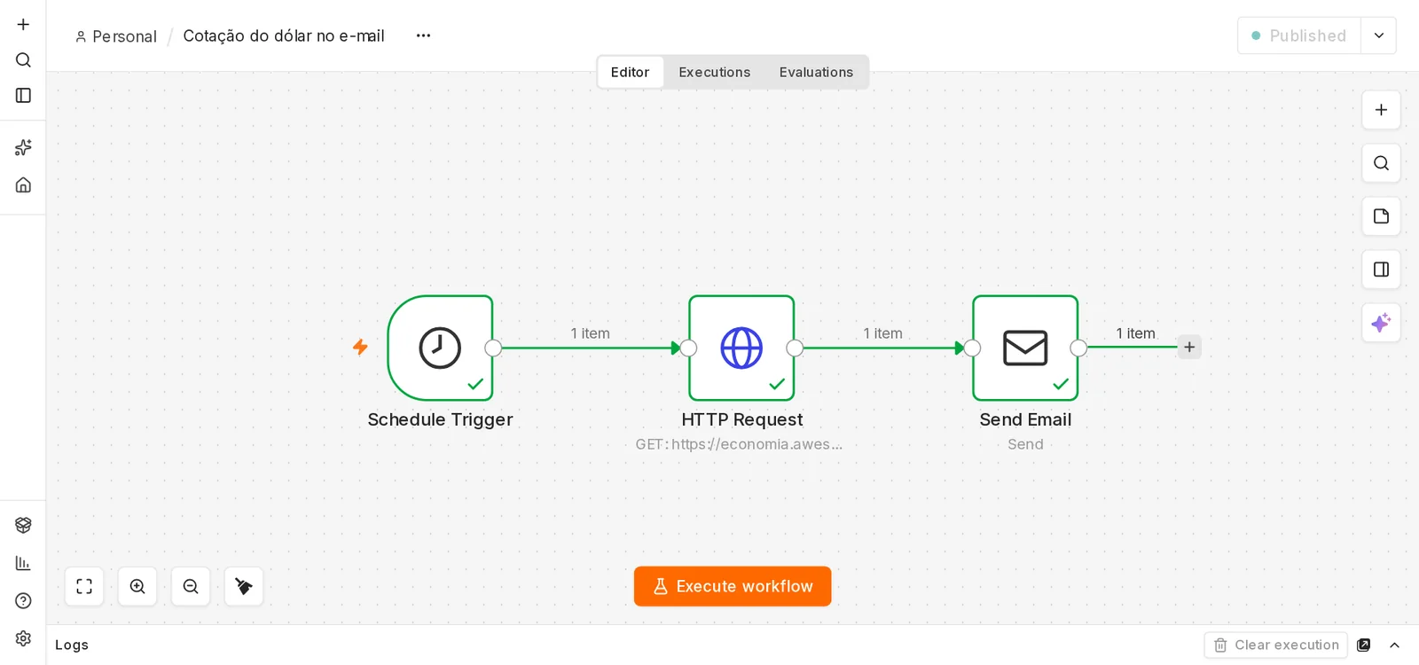 Workflow completo após a execução de teste, com os três nós em verde e a indicação 1 item entre eles