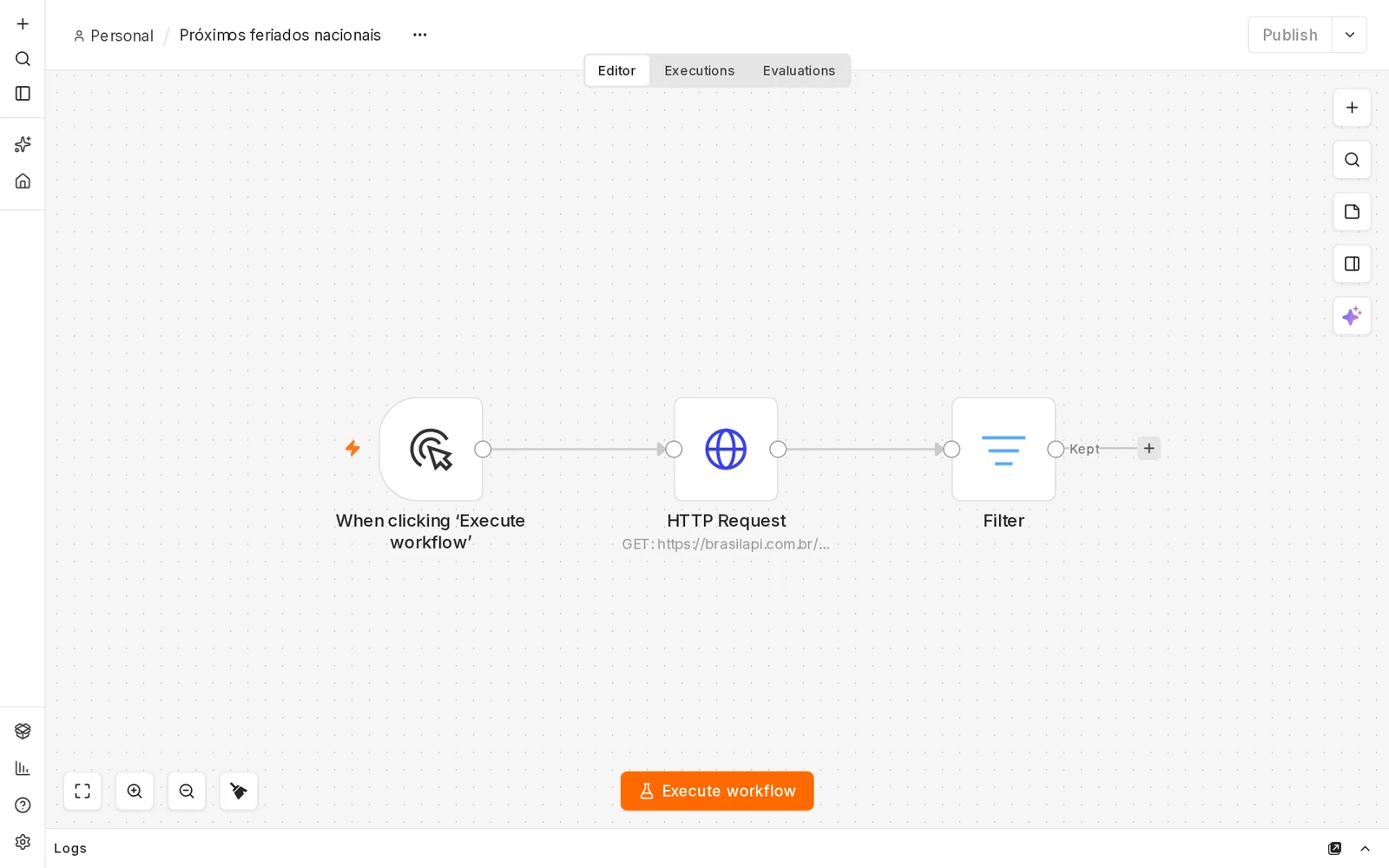 Editor do n8n com o workflow Próximos feriados nacionais: nós When clicking Execute workflow, HTTP Request e Filter ligados em sequência