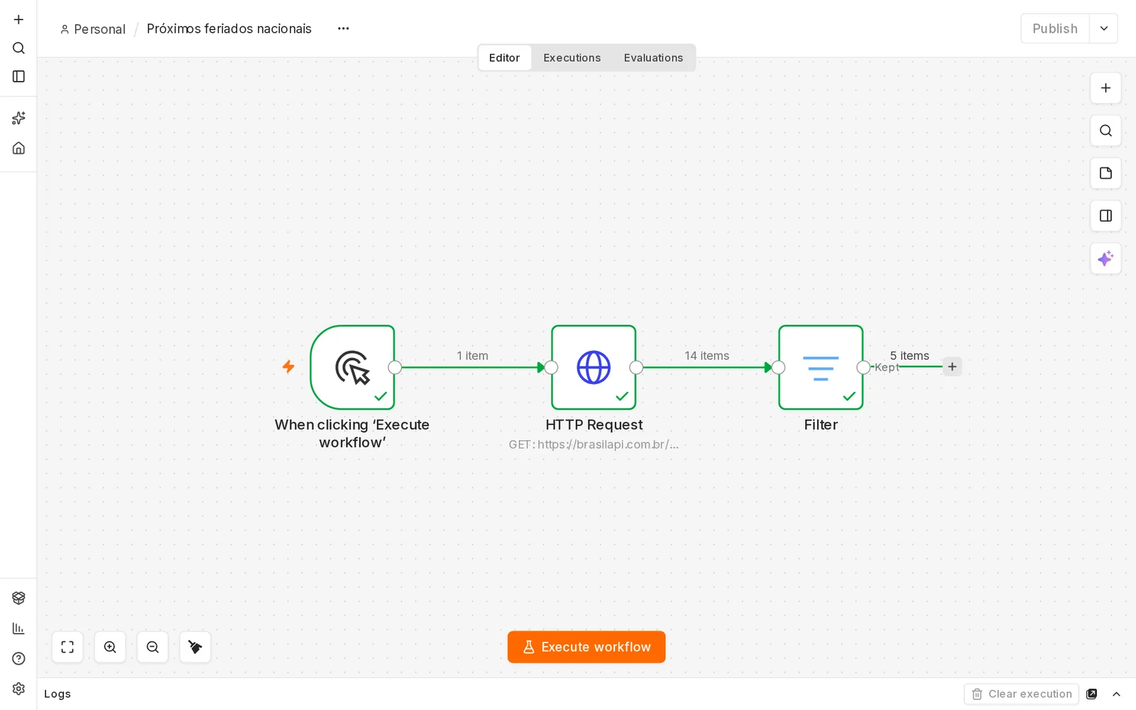 Workflow executado com os três nós em verde: 1 item entre o gatilho e o HTTP Request, 14 items entre o HTTP Request e o Filter e 5 items na saída Kept do Filter