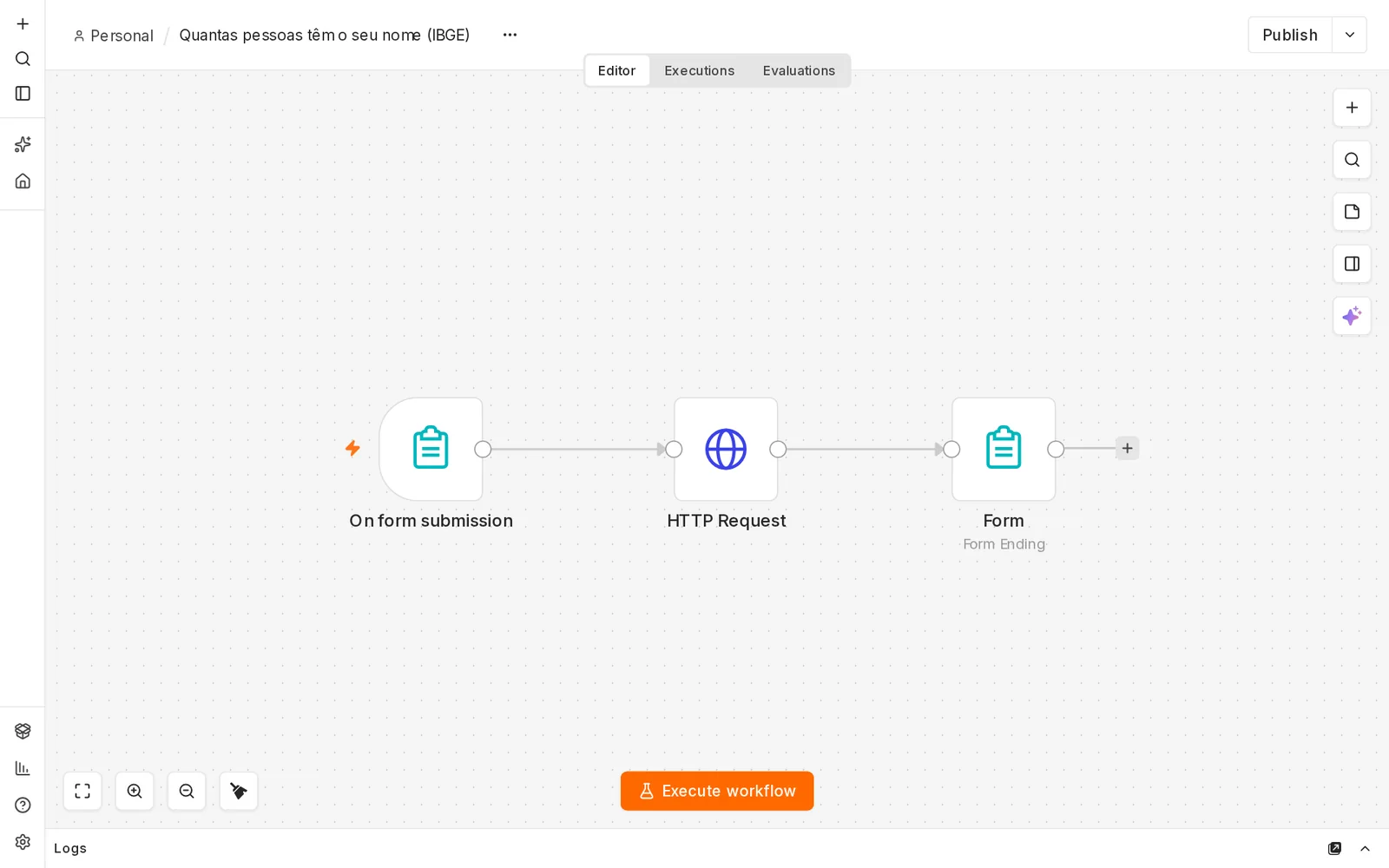 Editor do n8n com o workflow Quantas pessoas têm o seu nome (IBGE): nós On form submission, HTTP Request e Form (Form Ending) ligados em sequência