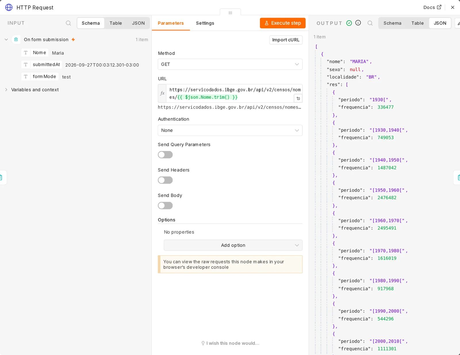 Tela do nó HTTP Request com Method GET e a URL com a expressão $json.Nome.trim(); à direita, a resposta JSON com nome MARIA, sexo null, localidade BR e a lista res com periodo e frequencia por década