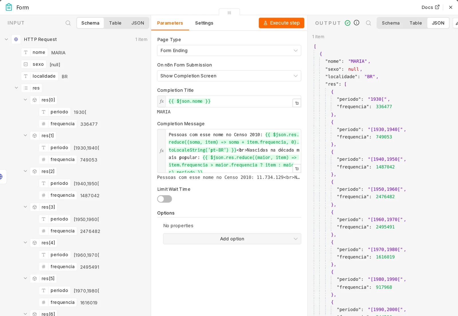 Tela do nó Form com Page Type Form Ending, Completion Title $json.nome resolvido como MARIA e Completion Message com duas expressões reduce; a prévia mostra Pessoas com esse nome no Censo 2010: 11.734.129