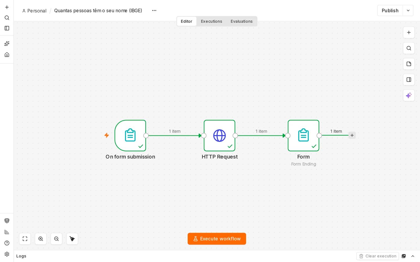 Workflow executado com os três nós em verde e 1 item em cada ligação