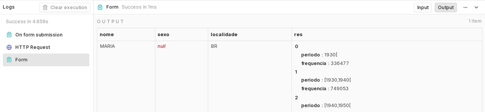 Painel Logs com o nó Form selecionado e a tabela com nome MARIA, sexo null, localidade BR e a lista res com periodo e frequencia