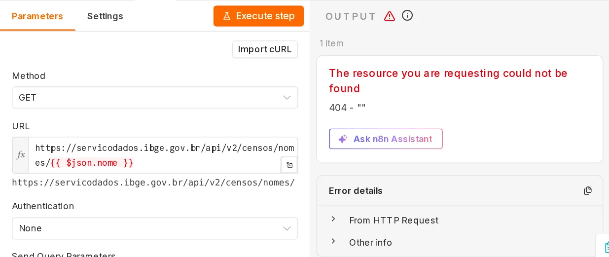 Nó HTTP Request com a expressão $json.nome em vermelho, a URL resolvida terminando em /nomes/ e o erro The resource you are requesting could not be found