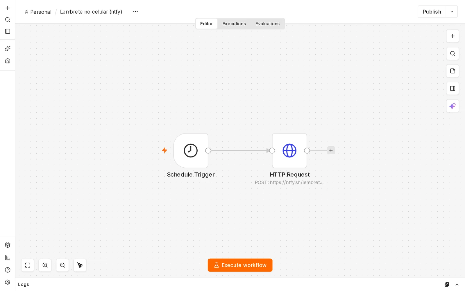 Editor do n8n com o workflow Lembrete no celular (ntfy): nós Schedule Trigger e HTTP Request (POST para ntfy.sh) ligados em sequência