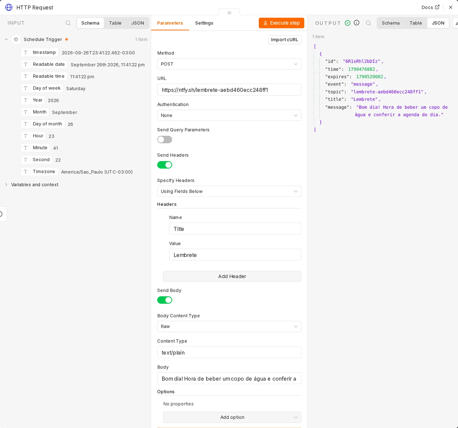 Tela do nó HTTP Request com Method POST, URL https://ntfy.sh/lembrete-aebd460ecc248ff1, Send Headers ligado com o cabeçalho Title igual a Lembrete, Send Body ligado, Body Content Type Raw, Content Type text/plain e o texto do lembrete; à direita, a resposta JSON do ntfy com id, time, expires, event message, topic, title e message