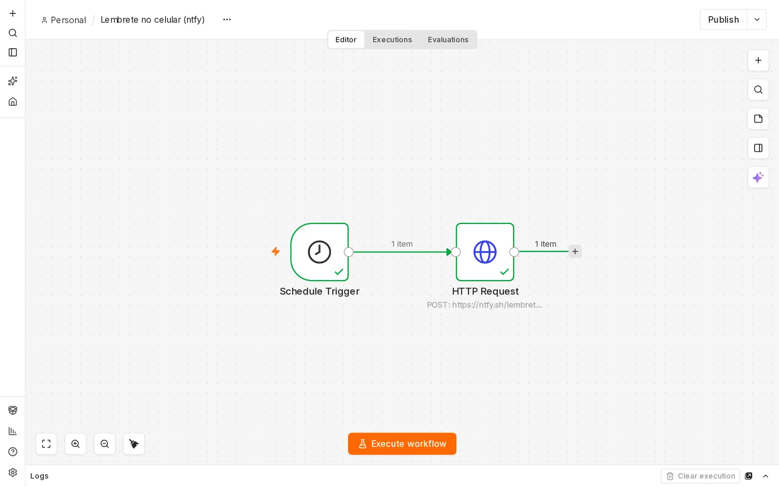Workflow executado com os nós Schedule Trigger e HTTP Request em verde e 1 item em cada ligação