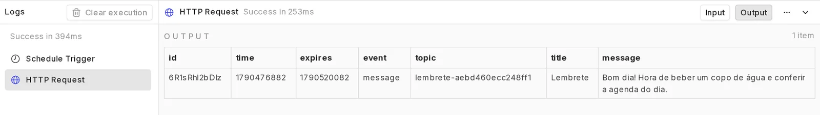 Painel Logs com o HTTP Request selecionado e a tabela com id, time, expires, event message, topic lembrete-aebd460ecc248ff1, title Lembrete e a mensagem Bom dia! Hora de beber um copo de água e conferir a agenda do dia.
