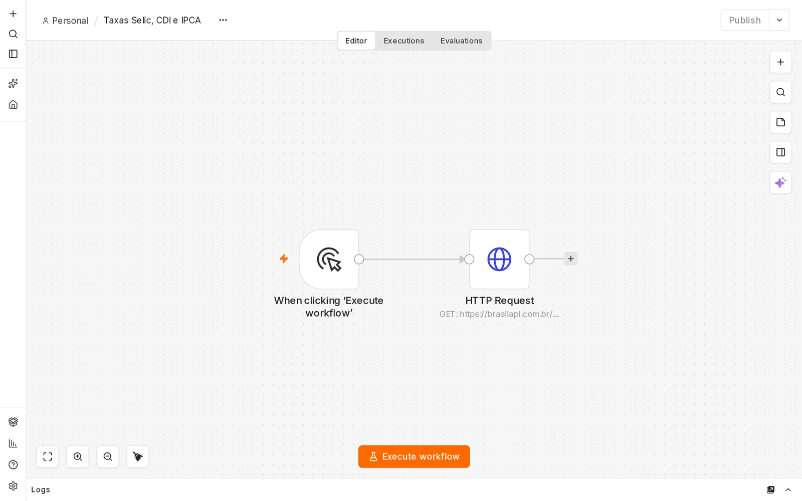 Editor do n8n com o workflow Taxas Selic, CDI e IPCA: o nó When clicking Execute workflow ligado ao nó HTTP Request