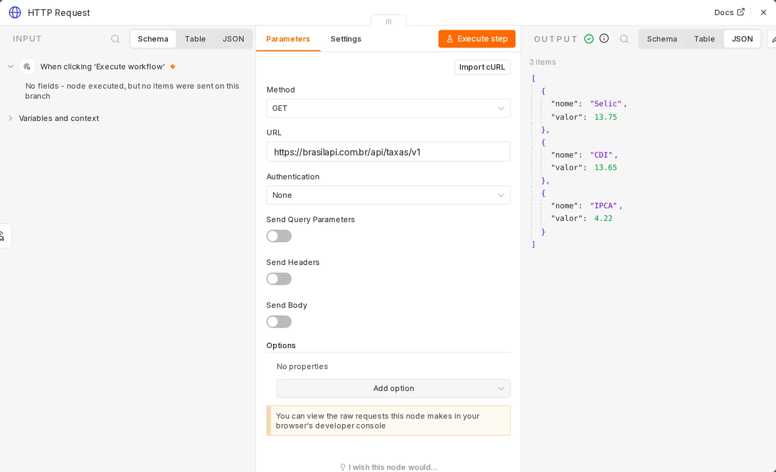 Tela do nó HTTP Request com Method GET, URL da BrasilAPI e Authentication None; à direita, a saída em JSON com três objetos: Selic, CDI e IPCA