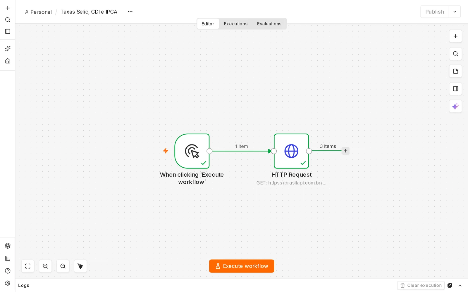 Workflow executado com os dois nós em verde, 1 item entre o Manual Trigger e o HTTP Request e 3 items na saída do HTTP Request