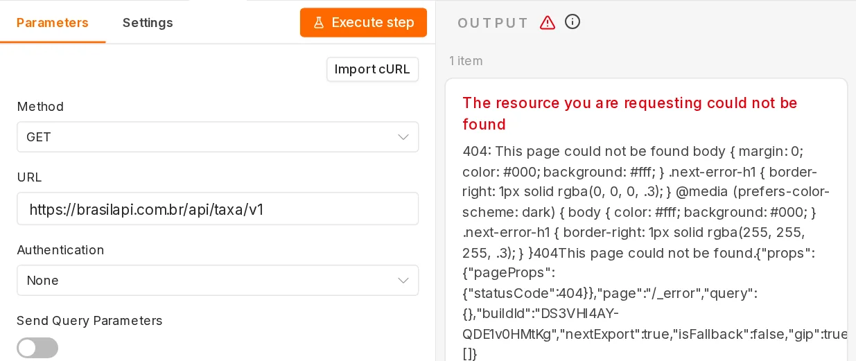 Nó HTTP Request com a URL digitada errada e a mensagem de erro The resource you are requesting could not be found, com o código 404