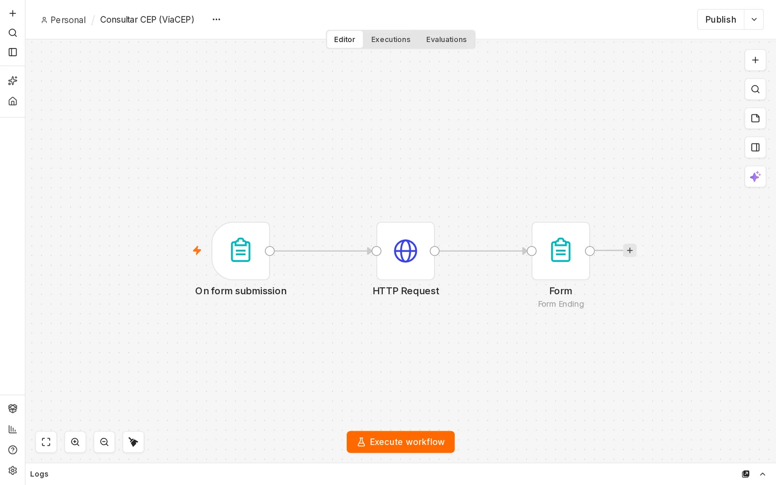 Editor do n8n com o workflow Consultar CEP (ViaCEP): nós On form submission, HTTP Request e Form (Form Ending) ligados em sequência