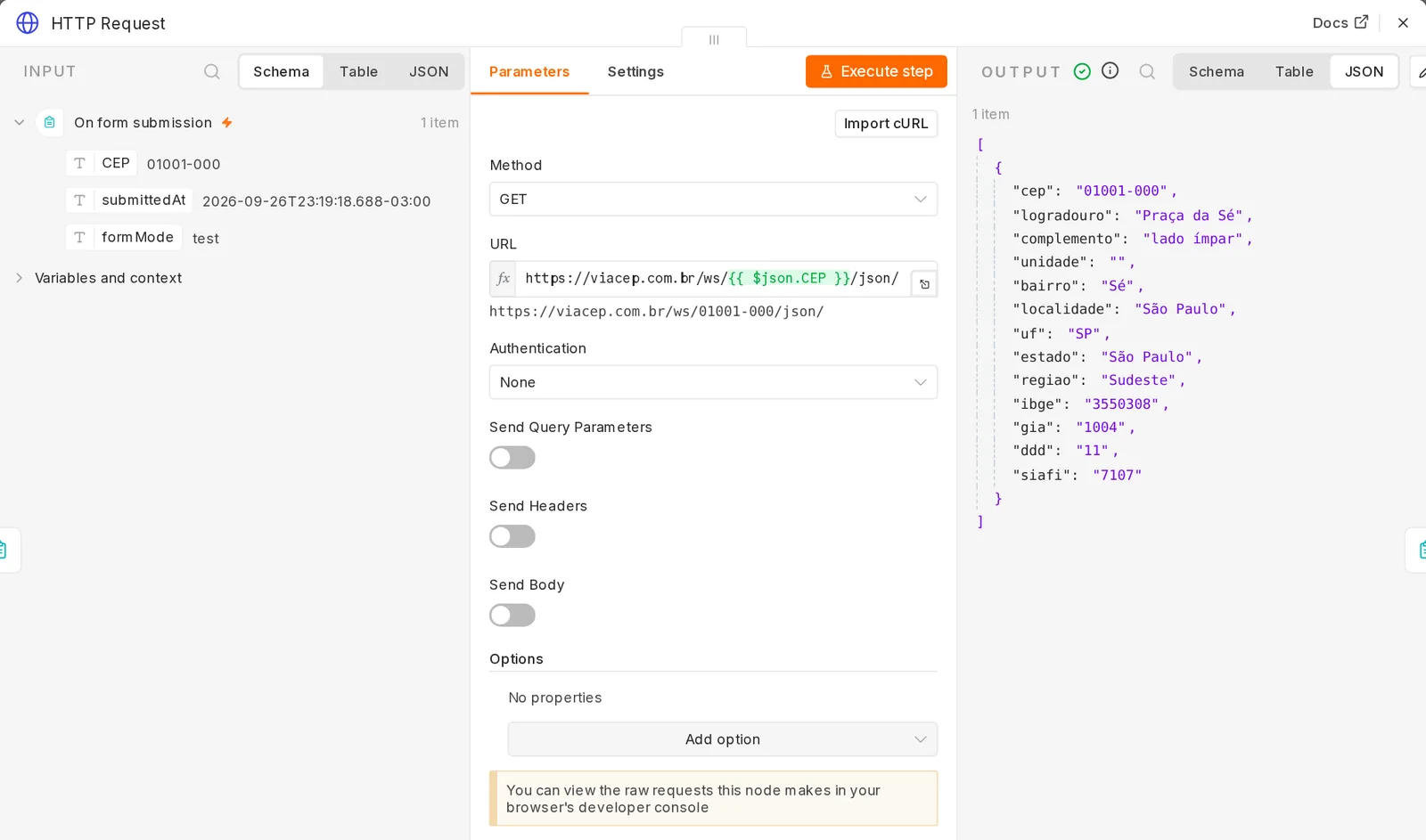 Tela do nó HTTP Request com Method GET e a URL com a expressão $json.CEP, cujo resultado é https://viacep.com.br/ws/01001-000/json/; à esquerda, o INPUT com o CEP; à direita, a resposta JSON da ViaCEP com logradouro Praça da Sé